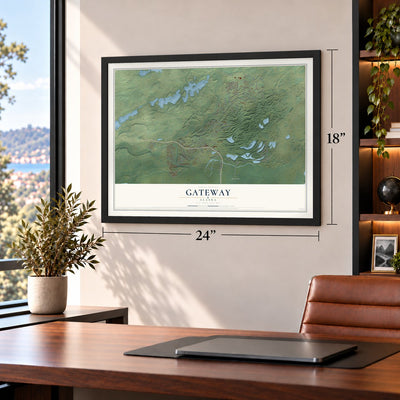 Gateway, Alaska map, 18 x 24 inch print in a black frame in a home office