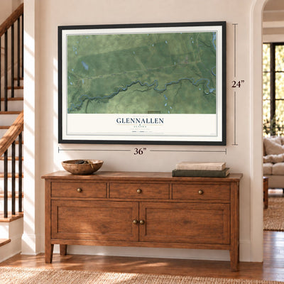 Glennallen, Alaska map, 24 x 36 inch print in a black frame above a dresser by a staircase