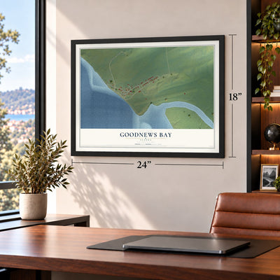 Goodnews Bay, Alaska map, 18 x 24 inch print in a black frame in a home office
