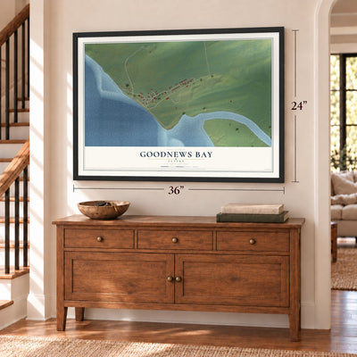 Goodnews Bay, Alaska map, 24 x 36 inch print in a black frame above a dresser by a staircase