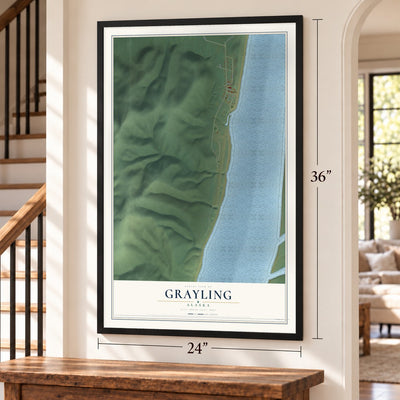 Grayling, Alaska map, 24 x 36 inch print in a black frame by a staircase