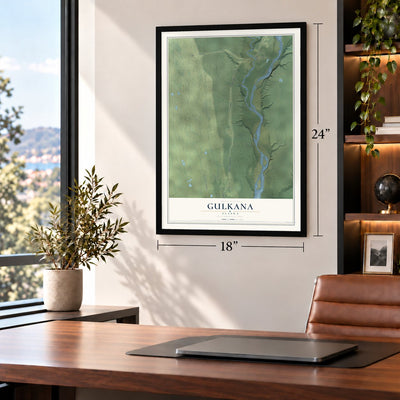 Gulkana, Alaska map, 18 x 24 inch print in a black frame in a home office