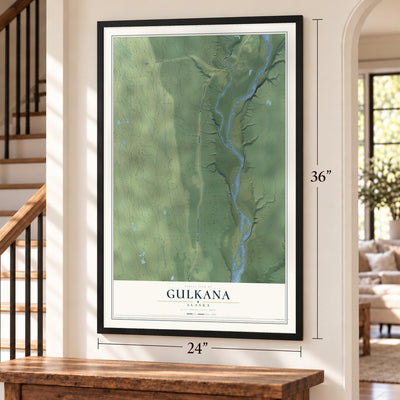 Gulkana, Alaska map, 24 x 36 inch print in a black frame by a staircase