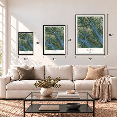 Haines, Alaska map in 12 x 18, 18 x 24 and 24 x 36 inch sizes above a sofa
