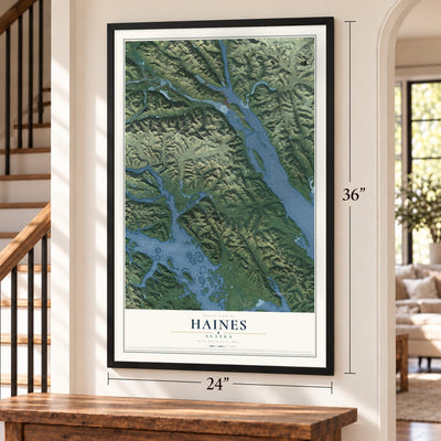 Haines, Alaska map, 24 x 36 inch print in a black frame by a staircase