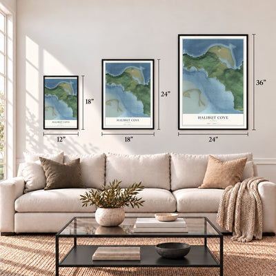 Halibut Cove, Alaska map in 12 x 18, 18 x 24 and 24 x 36 inch sizes above a sofa