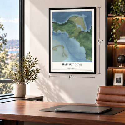 Halibut Cove, Alaska map, 18 x 24 inch print in a black frame in a home office