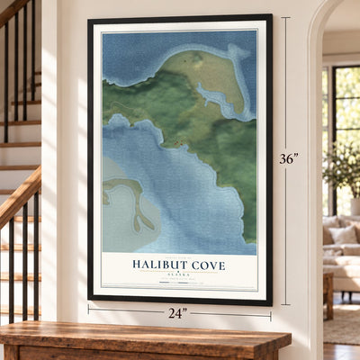 Halibut Cove, Alaska map, 24 x 36 inch print in a black frame by a staircase