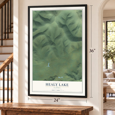 Healy Lake, Alaska map, 24 x 36 inch print in a black frame by a staircase
