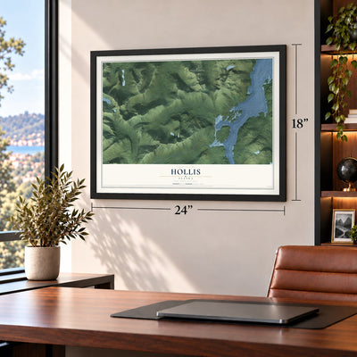 Hollis, Alaska map, 18 x 24 inch print in a black frame in a home office