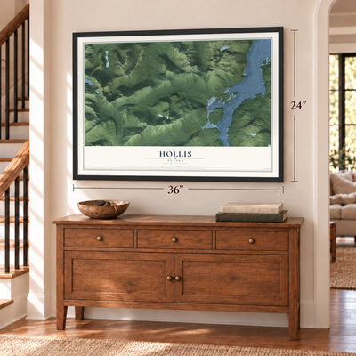 Hollis, Alaska map, 24 x 36 inch print in a black frame above a dresser by a staircase