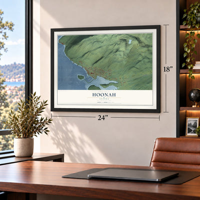 Hoonah, Alaska map, 18 x 24 inch print in a black frame in a home office