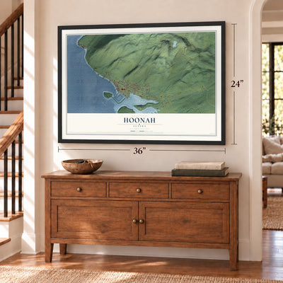 Hoonah, Alaska map, 24 x 36 inch print in a black frame above a dresser by a staircase