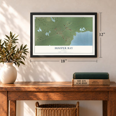 Hooper Bay, Alaska map, 12 x 18 inch print in a black frame in an entryway
