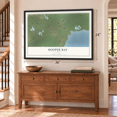 Hooper Bay, Alaska map, 24 x 36 inch print in a black frame above a dresser by a staircase