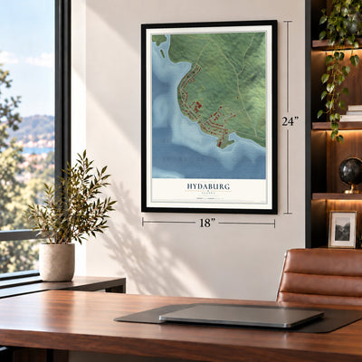 Hydaburg, Alaska map, 18 x 24 inch print in a black frame in a home office