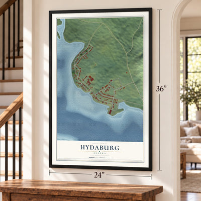 Hydaburg, Alaska map, 24 x 36 inch print in a black frame by a staircase