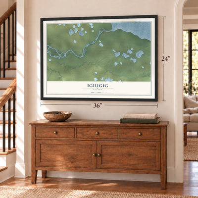 Igiugig, Alaska map, 24 x 36 inch print in a black frame above a dresser by a staircase