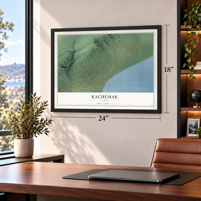 Kachemak, Alaska map, 18 x 24 inch print in a black frame in a home office