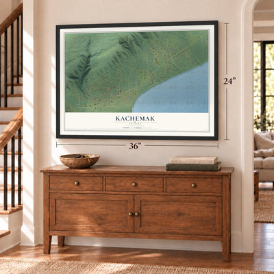 Kachemak, Alaska map, 24 x 36 inch print in a black frame above a dresser by a staircase