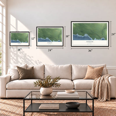 Kasaan, Alaska map in 12 x 18, 18 x 24 and 24 x 36 inch sizes above a sofa