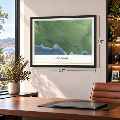 Kasaan, Alaska map, 18 x 24 inch print in a black frame in a home office