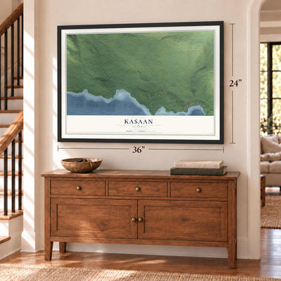 Kasaan, Alaska map, 24 x 36 inch print in a black frame above a dresser by a staircase