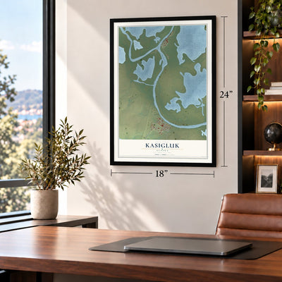 Kasigluk, Alaska map, 18 x 24 inch print in a black frame in a home office