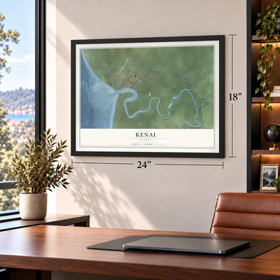 Kenai, Alaska map, 18 x 24 inch print in a black frame in a home office