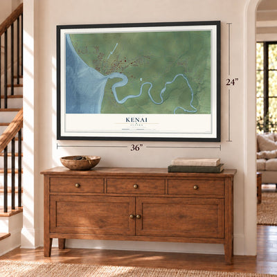 Kenai, Alaska map, 24 x 36 inch print in a black frame above a dresser by a staircase