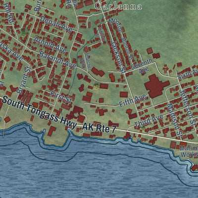 Close-up of the map of Ketchikan, Alaska print showing street and building detail
