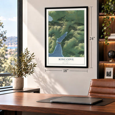 King Cove, Alaska map, 18 x 24 inch print in a black frame in a home office