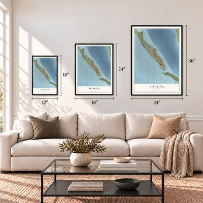 Kivalina, Alaska map in 12 x 18, 18 x 24 and 24 x 36 inch sizes above a sofa