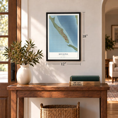 Kivalina, Alaska map, 12 x 18 inch print in a black frame in an entryway