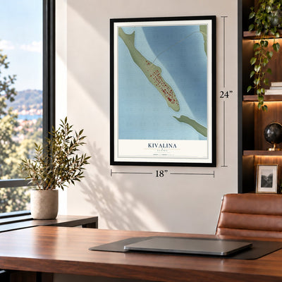 Kivalina, Alaska map, 18 x 24 inch print in a black frame in a home office