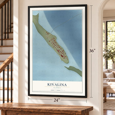 Kivalina, Alaska map, 24 x 36 inch print in a black frame by a staircase