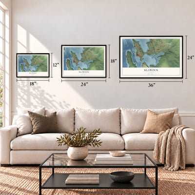 Klawock, Alaska map in 12 x 18, 18 x 24 and 24 x 36 inch sizes above a sofa