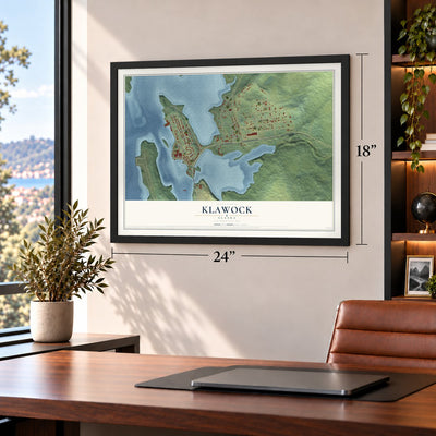 Klawock, Alaska map, 18 x 24 inch print in a black frame in a home office