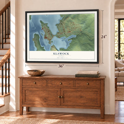 Klawock, Alaska map, 24 x 36 inch print in a black frame above a dresser by a staircase