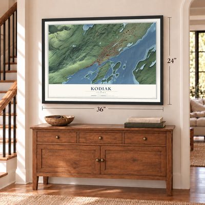 Kodiak, Alaska map, 24 x 36 inch print in a black frame above a dresser by a staircase
