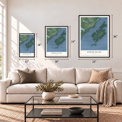 Kodiak Island, Alaska map in 12 x 18, 18 x 24 and 24 x 36 inch sizes above a sofa