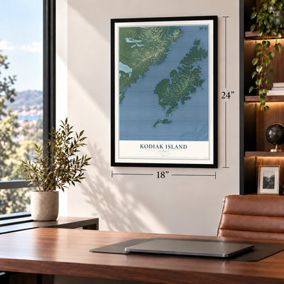Kodiak Island, Alaska map, 18 x 24 inch print in a black frame in a home office