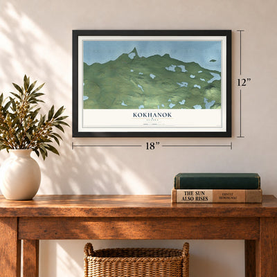 Kokhanok, Alaska map, 12 x 18 inch print in a black frame in an entryway