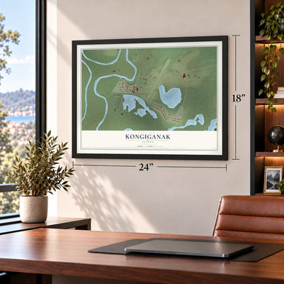 Kongiganak, Alaska map, 18 x 24 inch print in a black frame in a home office