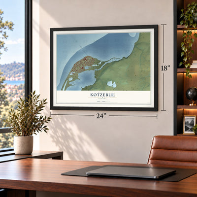 Kotzebue, Alaska map, 18 x 24 inch print in a black frame in a home office