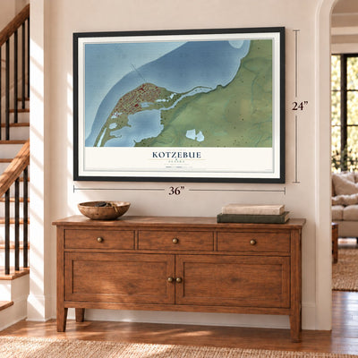 Kotzebue, Alaska map, 24 x 36 inch print in a black frame above a dresser by a staircase