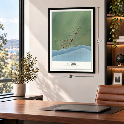 Koyuk, Alaska map, 18 x 24 inch print in a black frame in a home office