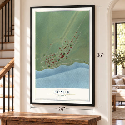 Koyuk, Alaska map, 24 x 36 inch print in a black frame by a staircase