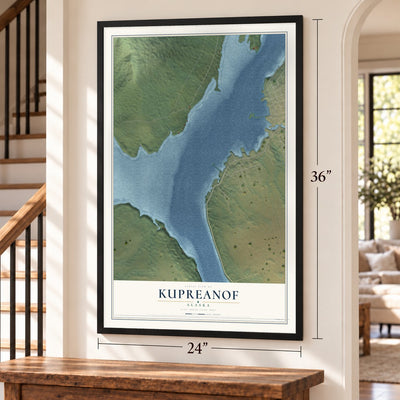 Kupreanof, Alaska map, 24 x 36 inch print in a black frame by a staircase