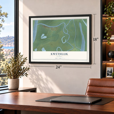 Kwethluk, Alaska map, 18 x 24 inch print in a black frame in a home office